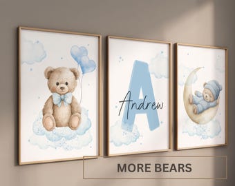Set of 3 Teddy bear nursery wall art print| Bear nursery Decor | Bear ,Moon, Cloud| Nursery Decor| Personalized name | Boy nursery decor