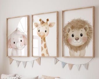 Safari animal prints, Watercolor safari baby animals prints, Animal nursery decor,  Jungle animal nursery, Elephant, lion, boy nursery decor