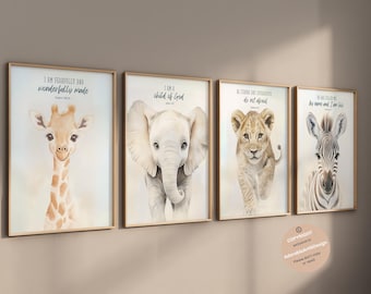 Estampados de animales de safari, decoración de guardería de safari, animales bebés de safari, guardería de jungla, guardería neutra, arte para habitación infantil, decoración de guardería de animales bebés