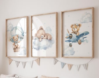 Set of 3 Teddy bear nursery wall art print| Bear nursery Decor| Bear ,Moon, Cloud| Nursery Decor| Baby boy nursery | Boy nursery wall art
