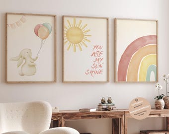 Boho Rainbow Nursery Prints Girl nursery wall art Nursery decor girls Bunny nursery Rainbow Sun Print boho nursery wall decor rabbit nursery