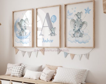Elephant Nursery Decor, Blue Gray Nursery, Boy Nursery Decor, Nursery Wall Art, Personalized Name Print, Cloud and Stars, Blue Nursery Decor