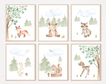 6 estampados de animales del bosque, impresiones de guarderías de bosque, guarderías de género neutro, oso, zorro, ciervo, mapache, conejo, decoración de guardería para niño de bosque