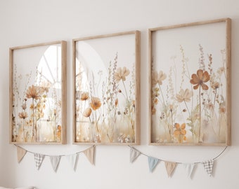 Arte de pared estilo bohemio para habitación infantil, decoración con flores silvestres, lámina botánica, arte floral para habitación infantil, decoración para habitación de niña, láminas de flores silvestres, flores de prado