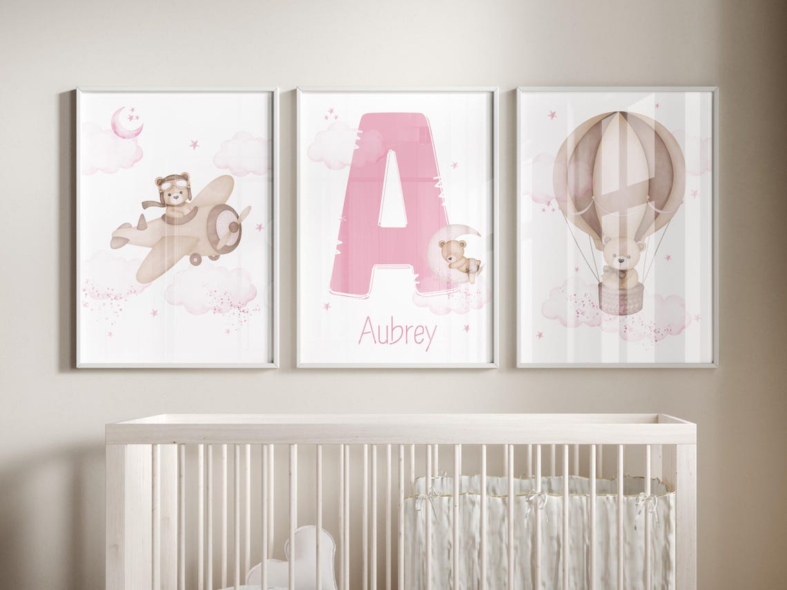 Set of 3 Custom Teddy Bear Nursery Wall Art Print| Personalized Name ...