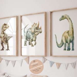 Dinosaur Prints, Dinosaur Posters, Dinosaur Wall Art,Set of 3, Watercolor Dinosaur Nursery, T-Rex Print, Triceratops, Brontosaurus, Boy Room