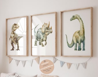 Estampas de dinossauro, pôsteres de dinossauro, arte de parede de dinossauro, conjunto de 3, berçário de dinossauro em aquarela, impressão de T-Rex, tricerátopo, brontossauro, quarto de menino