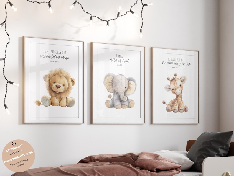 May include: Three framed prints with watercolor illustrations of a lion, elephant, and giraffe. Each print features a Bible verse: "I am fearfully and wonderfully made", "I am a child of God", and "He has called me by name and I am His".