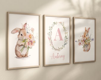 Bunny nursery, Bunny wall art, Bunny floral prints, Girl nursery decor, watercolor bunny nursery prints, floral nursery, pink nursery