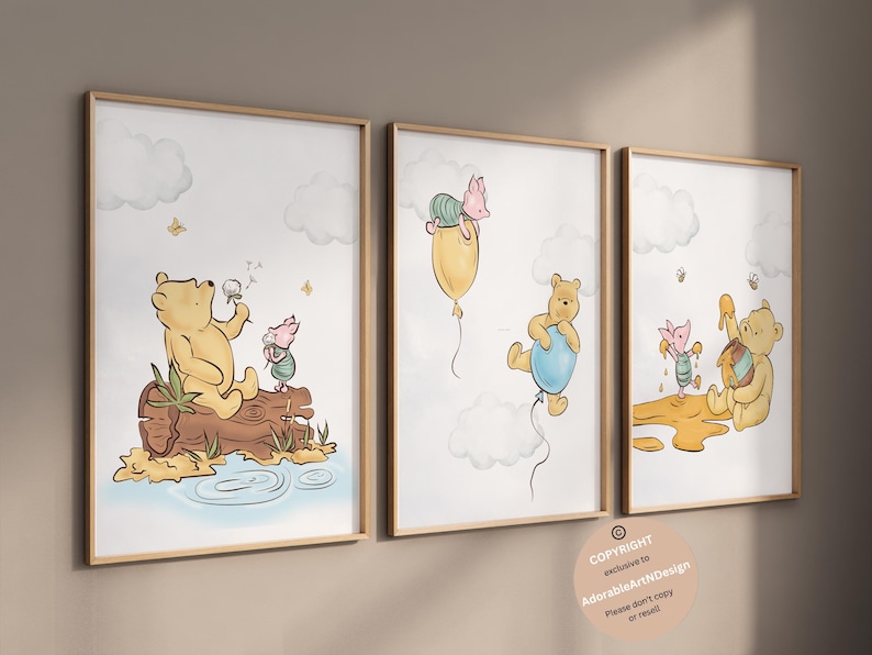 Winnie the Pooh Nursery Wall Art, Classic Winnie the Pooh Wall Art, set of 3,  Classic Pooh Baby Decor Wall Art, Nursery wall art
