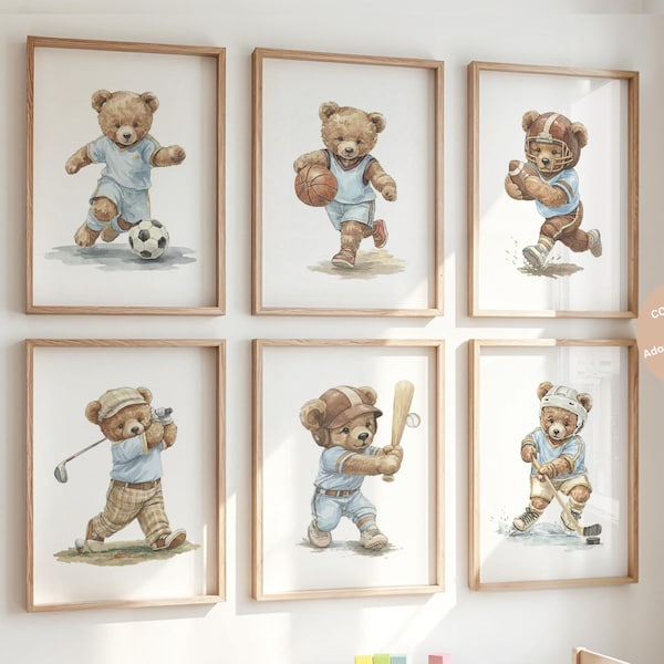 Conjunto de Arte Infantil Vintage com Ursinhos de Pelúcia Esportivos, Conjunto de 6 Ilustrações em Aquarela para Quarto de Menino, Azul, Golfe, Beisebol, Futebol, Basquete