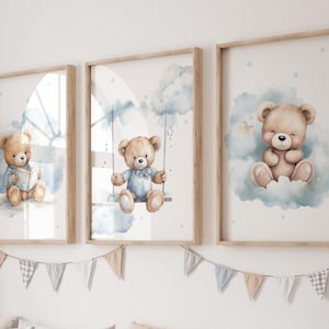 Set of 3 Teddy bear nursery wall art print| Bear nursery Decor| Bear ,Moon, Cloud| Nursery Decor| Baby boy nursery | Boy nursery wall art