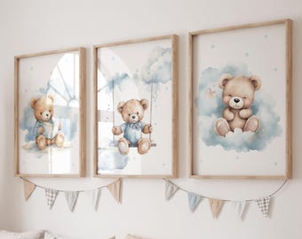 Set of 3 Teddy bear nursery wall art print| Bear nursery Decor| Bear ,Moon, Cloud| Nursery Decor| Baby boy nursery | Boy nursery wall art