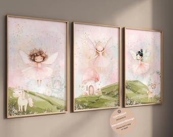 Fairy nursery theme decor, Fairy wall art, Fairy garden wall art, fairy art, set of 3, girls bedroom decor, fairy decor, girl nursery decor