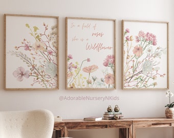 Sztuka ścienna do pokoju dziecięcego w stylu boho, wydruki z dzikimi kwiatami, wystrój pokoju dziecięcego z dzikimi kwiatami, wystrój pokoju dziecięcego dla dziewczynek, sztuka kwiatowa do pokoju dziecięcego, na polu róż