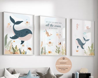 Ocean nursery, Nautical nursery, Sea animal wall art, whale print, Under the sea art, Ocean theme nursery, boy nursery print, Playroom decor