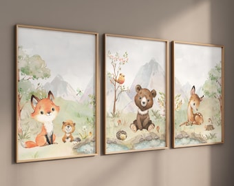 Woodland Animal Prints, Woodland Nursery Wall Art Gift,  Boy Nursery  Wall Art, Forest Animal Nursery Decor, Watercolor Bear Deer Fox Prints