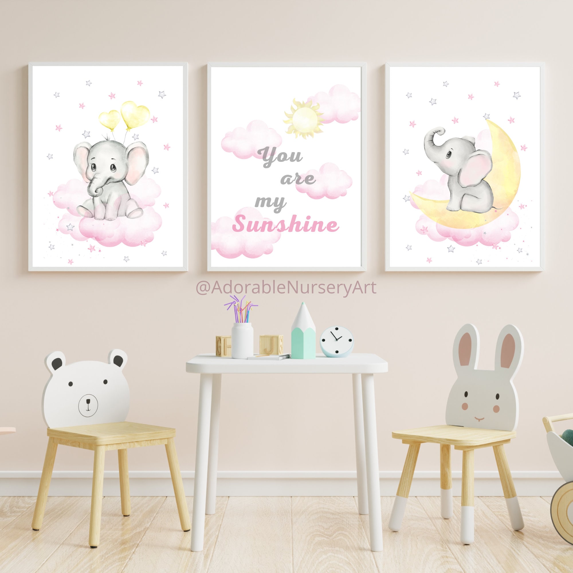 Grey Nursery Wall Art Pink Elephant Nursery Decor Elephant Nursery Print:  Pink Gold Moon, Stars Girl, image size:2000x2000