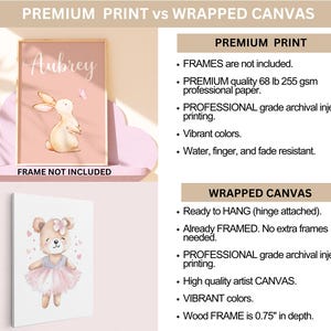 May include: Two framed prints, one with a watercolor illustration of a bunny and the text "Aubrey" and the other with a watercolor illustration of a bear wearing a pink tutu. The text "FRAME NOT INCLUDED" is below the bunny print. The text "PREMIUM PRINT" and "WRAPPED CANVAS" are above the prints. The text below each print describes the features of each print.