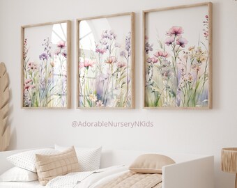 Decoración de guardería con flores silvestres, estampado botánico, arte de pared bohemio para guardería, arte floral para guardería, decoración de guardería para niñas, estampados de flores silvestres, flores de pradera