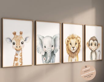 Decoración de habitación infantil de safari, estampados de animales de safari, animales bebés de safari, habitación infantil de la jungla, habitación infantil neutra, arte para habitación infantil, decoración de habitación infantil de animales bebés