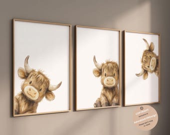 Highland cow nursery decor, baby highland cow nursery art, watercolor cow art, farm animal wall decor, cow wall art print, nursery wall art