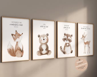 Dierenthema kinderkamerdecoratie, Muurdecoratie met bosdieren voor de kinderkamer, Prints van bosdieren, Muurdecoratie voor jongenskamer, Decoratie, Aquarelprints van beer, hert en vos
