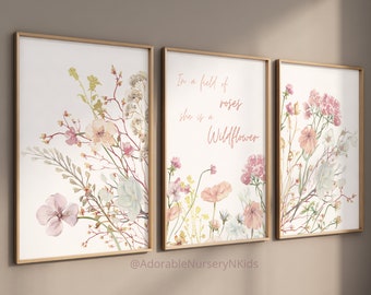 Wzory z dzikimi kwiatami, sztuka ścienna do pokoju dziecięcego w stylu boho, wystrój pokoju dziecięcego z dzikimi kwiatami, wystrój pokoju dziecięcego dla dziewczynek, sztuka kwiatowa w pokoju dziecięcym, na polu róż