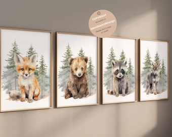 Woodland Animal Prints, Woodland Nursery Wall Art Gift,  Boy Nursery  Wall Art, Forest Animal Nursery Decor, Watercolor Bear Deer Fox Prints