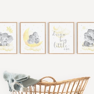Gender Neutral Nursery, Elephant Nursery Art, Yellow Nursery Decor, Cloud and Stars, Nursery Wall Art Animal, Moon Nursery, Animal Nursery