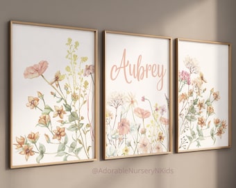 Arte floral para guardería, arte de pared bohemio para guardería, decoración de guardería para niña, decoración de guardería con flores silvestres, flores de pradera, impresiones de flores silvestres, impresión con nombre de niña