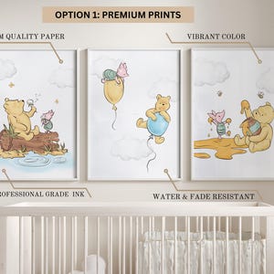 Pu&ograve; includere: Tre stampe per l'asilo di Winnie the Pooh con Winnie the Pooh e Piglet in diverse scene. La prima stampa mostra Winnie the Pooh e Piglet seduti su un tronco vicino a uno stagno. La seconda stampa mostra Winnie the Pooh che tiene un palloncino blu mentre Piglet tiene un palloncino giallo. La terza stampa mostra Winnie the Pooh e Piglet in un barattolo di miele.