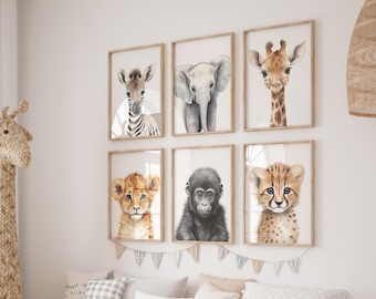 Watercolor Safari Animal Prints: Jungle Nursery Art, Set of 6