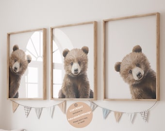 Stampa per cameretta "Orsetto che fa capolino", decorazione murale per cameretta "Orsetto cucù", decorazione neutra per cameretta, arte per cameretta "Bosco", set di 3