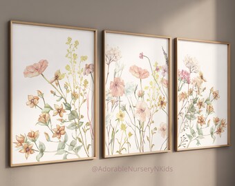 Arte de pared estilo bohemio para habitación infantil, decoración con flores silvestres, lámina botánica, arte floral para habitación infantil, decoración para habitación de niña, láminas de flores silvestres, flores de prado