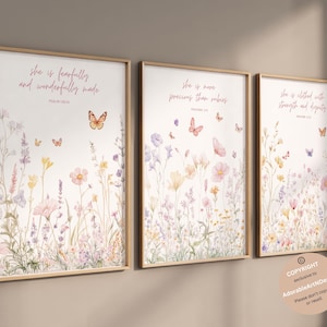 Quarto de criança cristão, estampas de flores silvestres, arte de parede boho para quarto de criança, decoração de quarto de criança com flores silvestres, decoração de quarto de criança para meninas, arte floral para quarto de criança, quarto de criança bíblico
