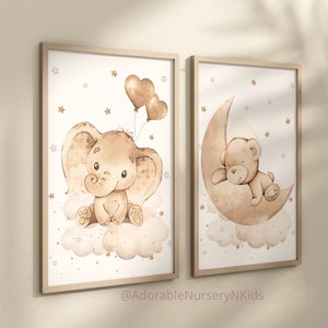 Gender Neutral Nursery, Animal Nursery Decor, Elephant, Bear, Animal Prints, Cloud and Stars, Nursery Wall Art Animal, Moon Nursery Decor