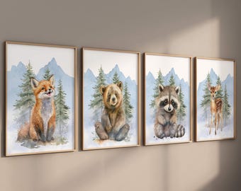 Woodland Animal Prints, Woodland Nursery Wall Art Gift, Boy Nursery Wall Art, Forest Animal Nursery Decor, Aquarel Bear Deer Fox Prints