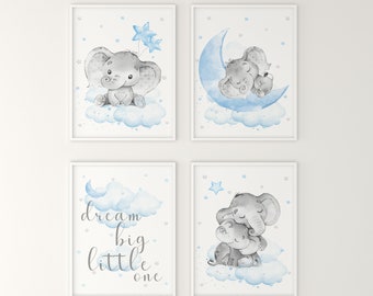 Nursery Decor Boy, Elephant Nursery Art, Blue Gray Nursery, Baby Boy Nursery Print, Blue Nursery Art, Cloud and Stars, Nursery wall art