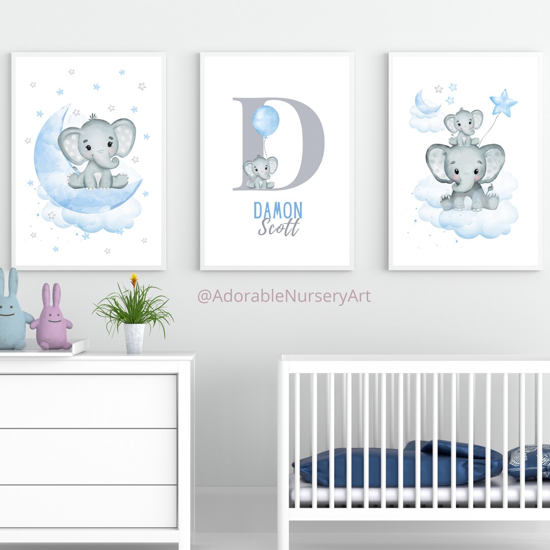 Elephant Nursery Art Prints: Blue Gray Baby Boy Decor - Etsy