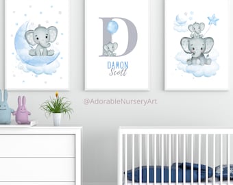 Elephant Nursery Art Prints: Blue Gray Baby Boy Decor