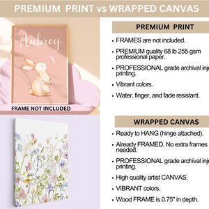 K&ouml;nnte beinhalten: Zwei M&ouml;glichkeiten, Kunstwerke zu pr&auml;sentieren: ein Premium-Druck mit einem Hasen und dem Namen Aubrey sowie eine Leinwand mit floralem Design. Der Druck ist nicht gerahmt, die Leinwand hingegen ist bereits gerahmt und zum Aufh&auml;ngen bereit. Beide Optionen zeichnen sich durch leuchtende Farben und einen archivfesten Druck aus.