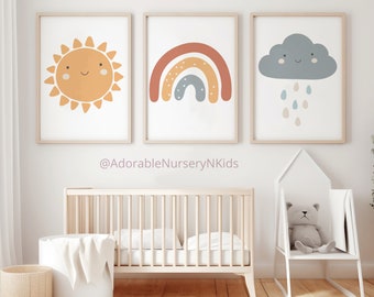 Boho zon kinderkamer kunst aan de muur, decor boho kinderkamer, kinderkamer inrichting regenboog, genderneutraal kinderdagverblijf, boho kunst aan de muur, kunst aan de muur zon, regenboog prints