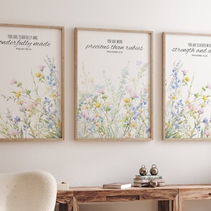 Berçário floral, arte de parede de berçário boho, decoração de berçário de flores silvestres, decoração de berçário de meninas, berçário de flores, versículo bíblico, arte de parede cristã