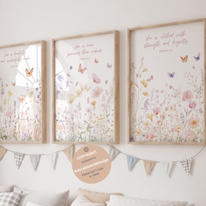 Quarto de criança cristão, estampas de flores silvestres, arte de parede boho para quarto de criança, decoração de quarto de criança com flores silvestres, decoração de quarto de criança para meninas, arte floral para quarto de criança, quarto de criança bíblico