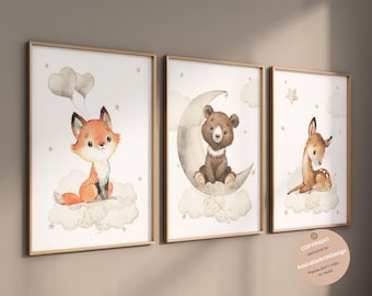 Prints von Waldtieren, Waldtiere, Kinderzimmer, Waldtiere, Kinderzimmerdeko, Bär, Hirsch, Fuchs, Waldtiere, Kinderzimmerdeko, Neutrales Kinderzimmerdekor