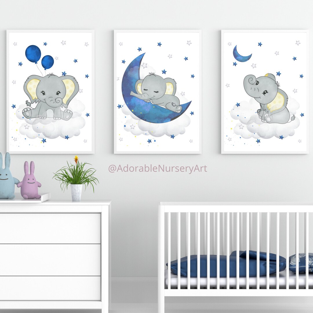 Elephant Nursery Art, Nursery Decor Boy, Navy Yellow Nursery, Baby Boy ...