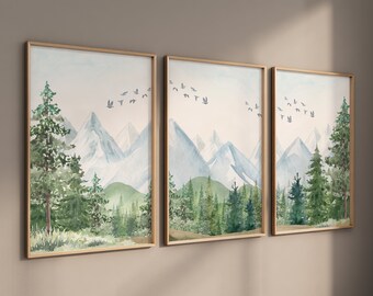 Väggkonst med skogsmark för barn, väggkonst med berg, barnrum med äventyrstema, trädplantskola, skogsplantskola, babyrumsdekor, akvarell skog
