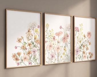 Arte de pared estilo bohemio para habitación infantil, decoración con flores silvestres, lámina botánica, arte floral para habitación infantil, decoración para habitación de niña, láminas de flores silvestres, flores de prado