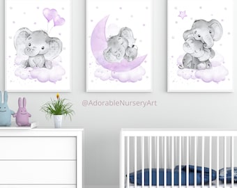 Purple Gray Nursery, Girl Nursery Decor, Elephant Nursery Art, Baby Girl Nursery Print, Lilac Nursery Art, Cloud and Star, Nursery Wall Art